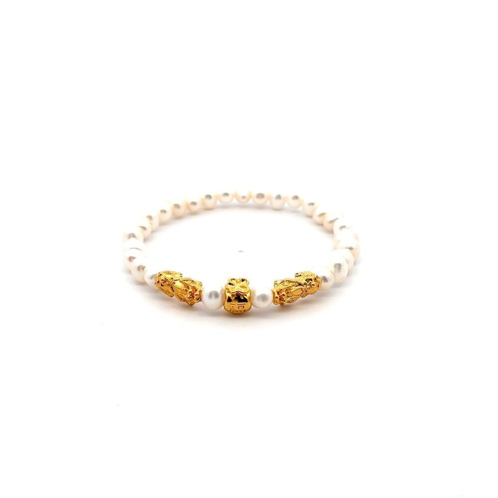 18K Gold Pixiu Double Piyao Money Bag Charm Bracelet Birthstones Gemstone Pearl